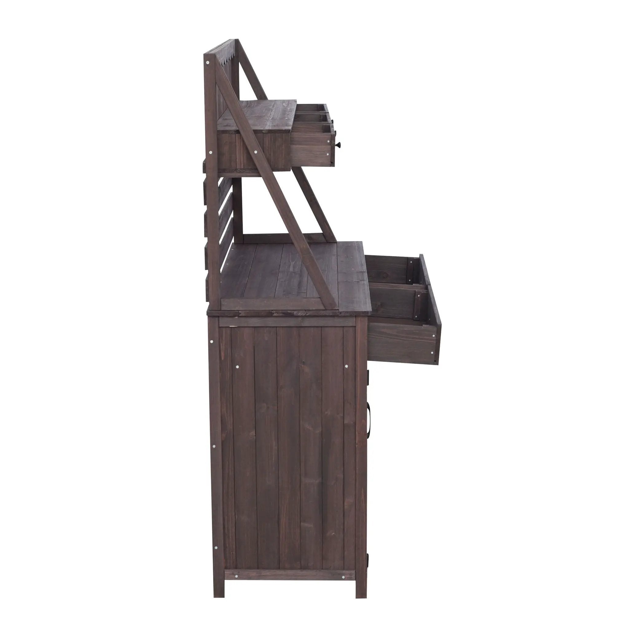 Potting Bench With 5 Drawer Storage And Slatted Back Panel, Garden Workstation - Brown by HouseOfZazla