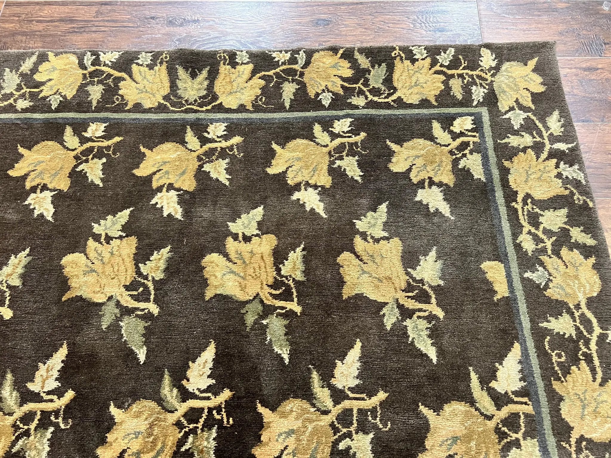 Tibetan Nepal Rug 6x9, Wool Hand Knotted Vintage Carpet 6 x 9, Dark Green & Golden Yellow, Floral Bouquets by Jewel Rugs