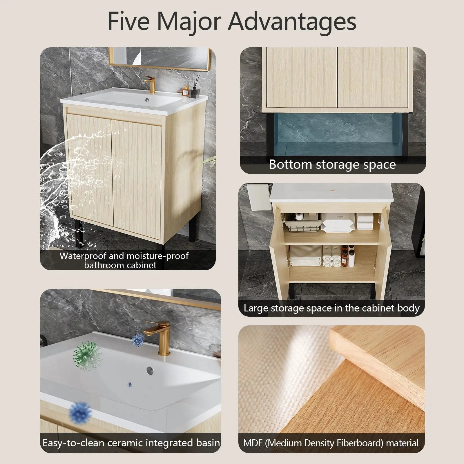 Bathroom Vanity With Ceramic Sink, Floor-Standing Design, Soft-Closing Drawers