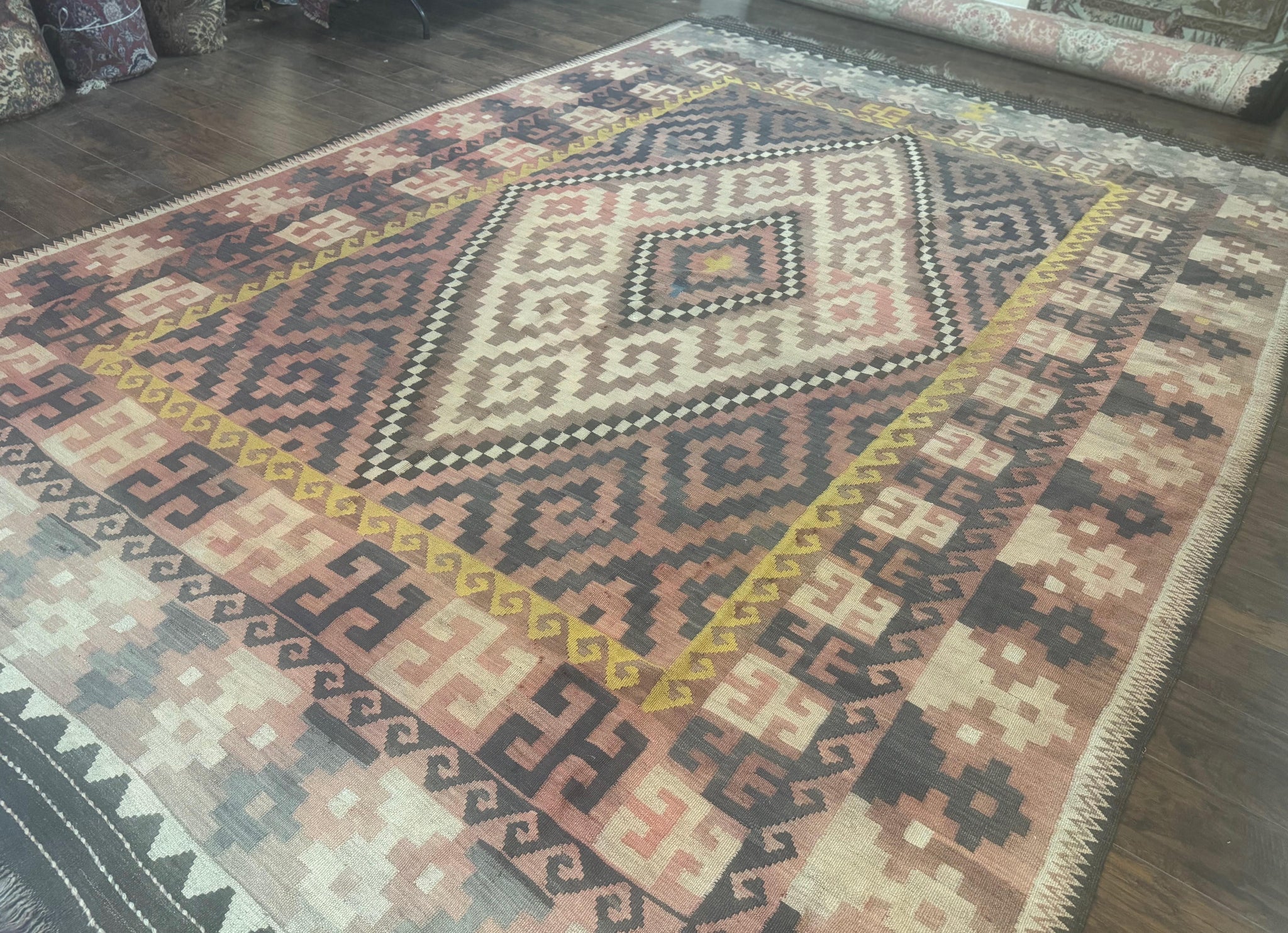 Antique Persian Tribal Kilim Rug 9x12, Zig Zag Pattern Kilim, Zarand Rug, Wool, Earth Tone Colors by Jewel Rugs
