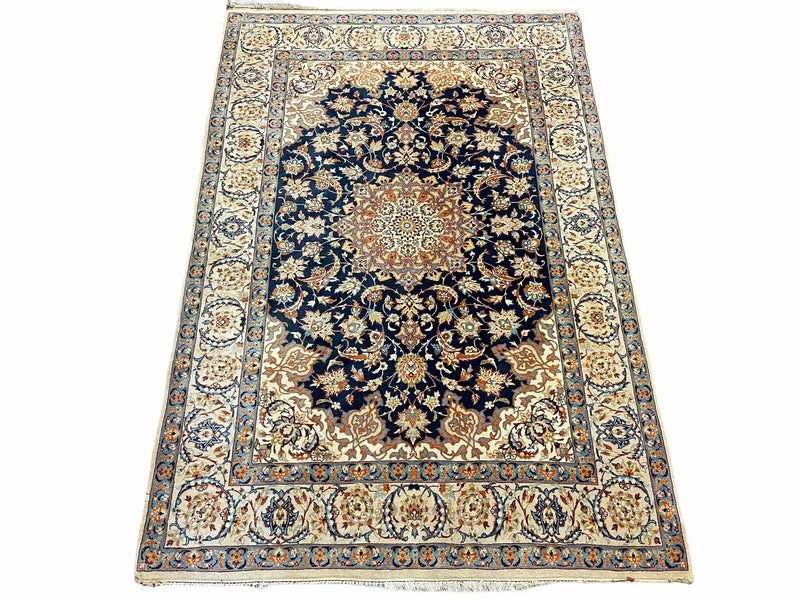 Persian Isfahan Rug 4x5, Navy Blue & Ivory, Wool and Silk Highlights by Jewel Rugs