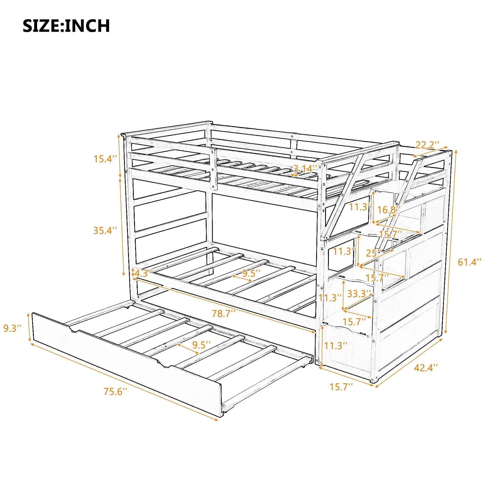 Twin Over Twin Bunk Bed With Twin Size Trundle And 3 Storage Stairs - Espresso by Unique Piece Furniture