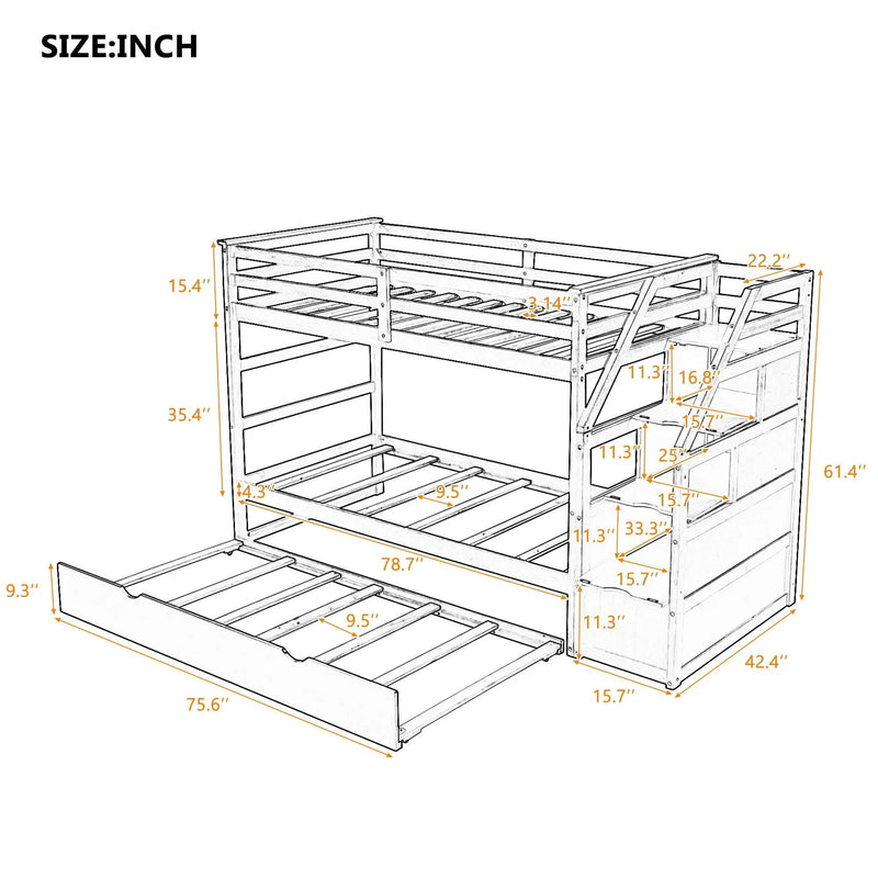 Twin Over Twin Bunk Bed With Twin Size Trundle And 3 Storage Stairs - Espresso by HouseOfZazla