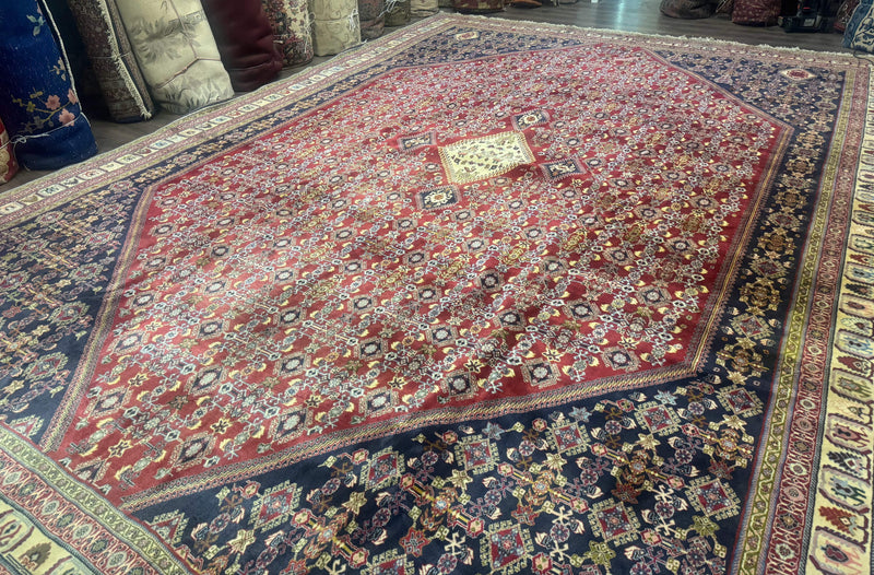 Palace Size Persian Shiraz Rug 13x19, Tribal Rug, Herati Pattern, Brick Red Navy Blue Beige, Oversized Persian Wool Area Rug, Extra Large by Jewel Rugs