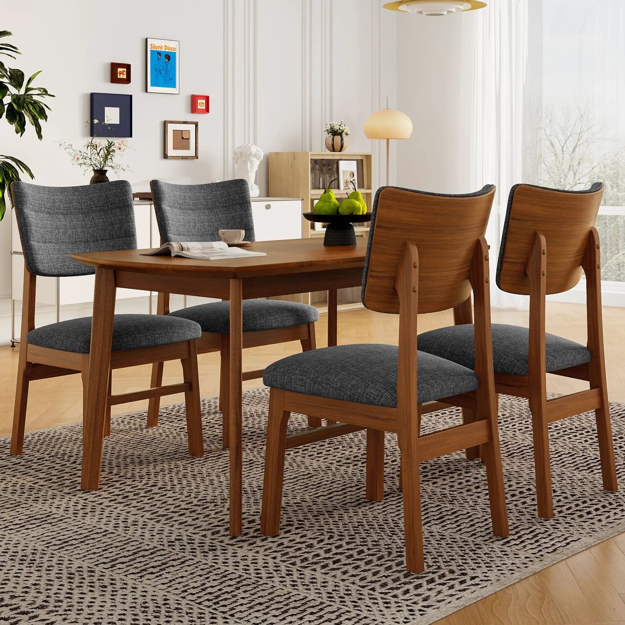 Mid Century Modern Dining Table Set For 4, Solid Wood Dining Table And Solid Wood Chairs, 5 Pieces Farmhouse Dining Table And 4 Upholstered Chairs - Brown / Gray by HouseOfZazla