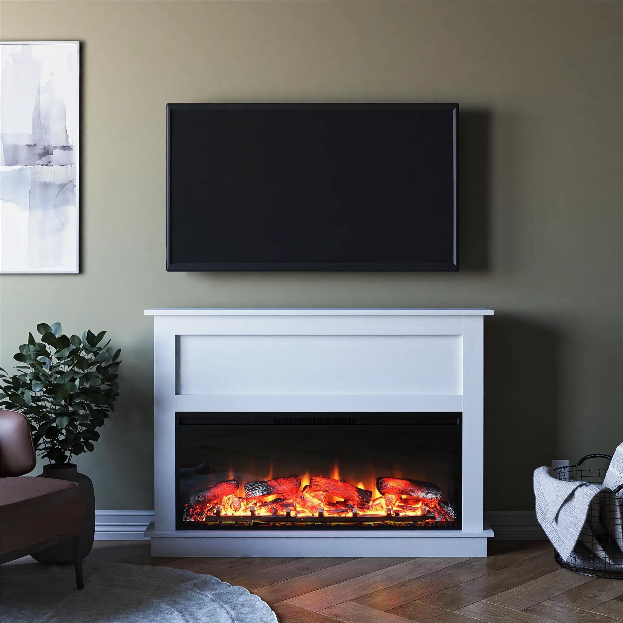 Ellsworth Wide Electric Fireplace Insert With Mantel And Remote Control - White by HouseOfZazla