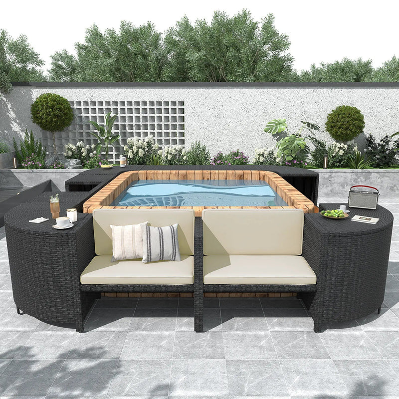 Spa Surround Spa Frame Quadrilateral Outdoor Rattan Sectional Sofa Set With Mini Sofa, Wooden Seats And Storage Spaces by Unique Piece Furniture
