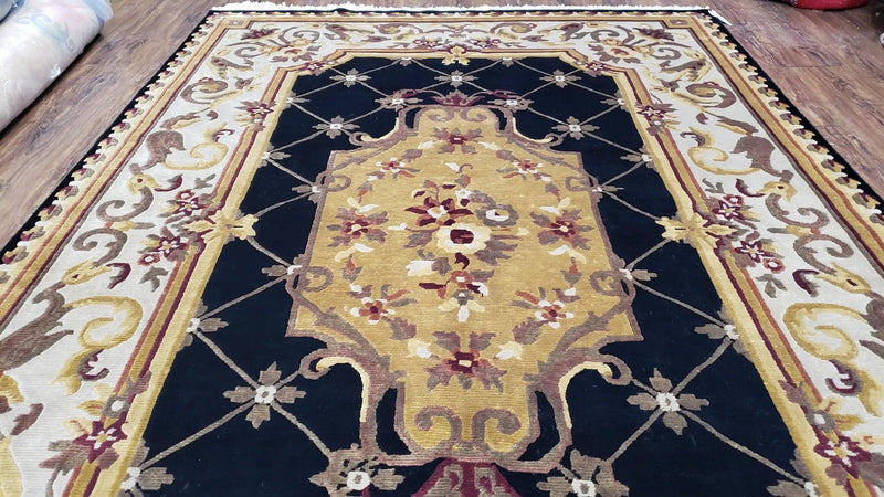 6x9 Nepalese Rug, Aubusson Savonnerie Area Rug 6 x 9 with Soft Pile, Hand-Knotted Wool Black & Beige Tibetan New Carpet European Design by Jewel Rugs