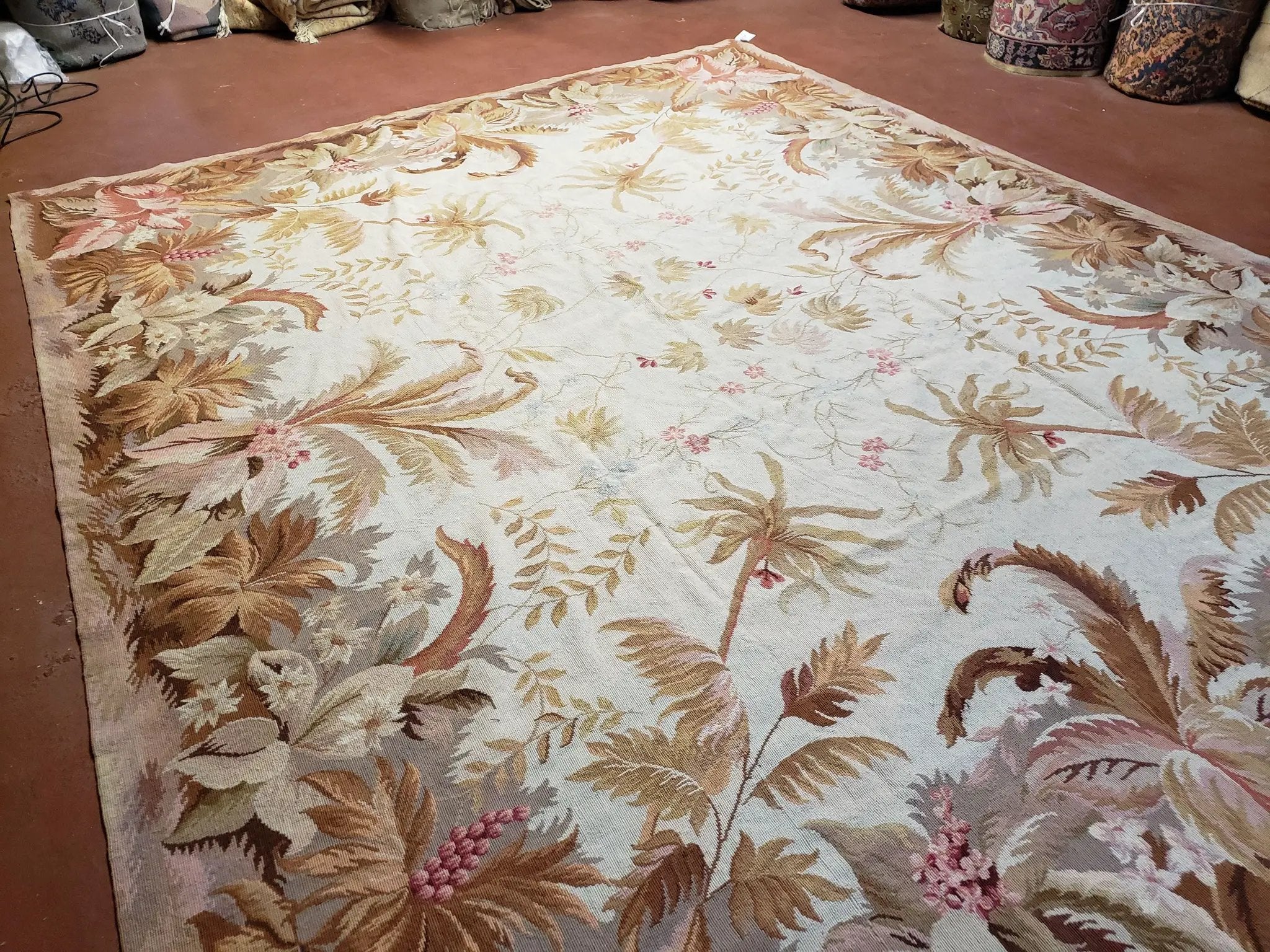 7' 7" x 9' 8" Needlepoint Rug Floral Beige Flat Weave Carpet 8x10 Handmade New Area Rug by Jewel Rugs
