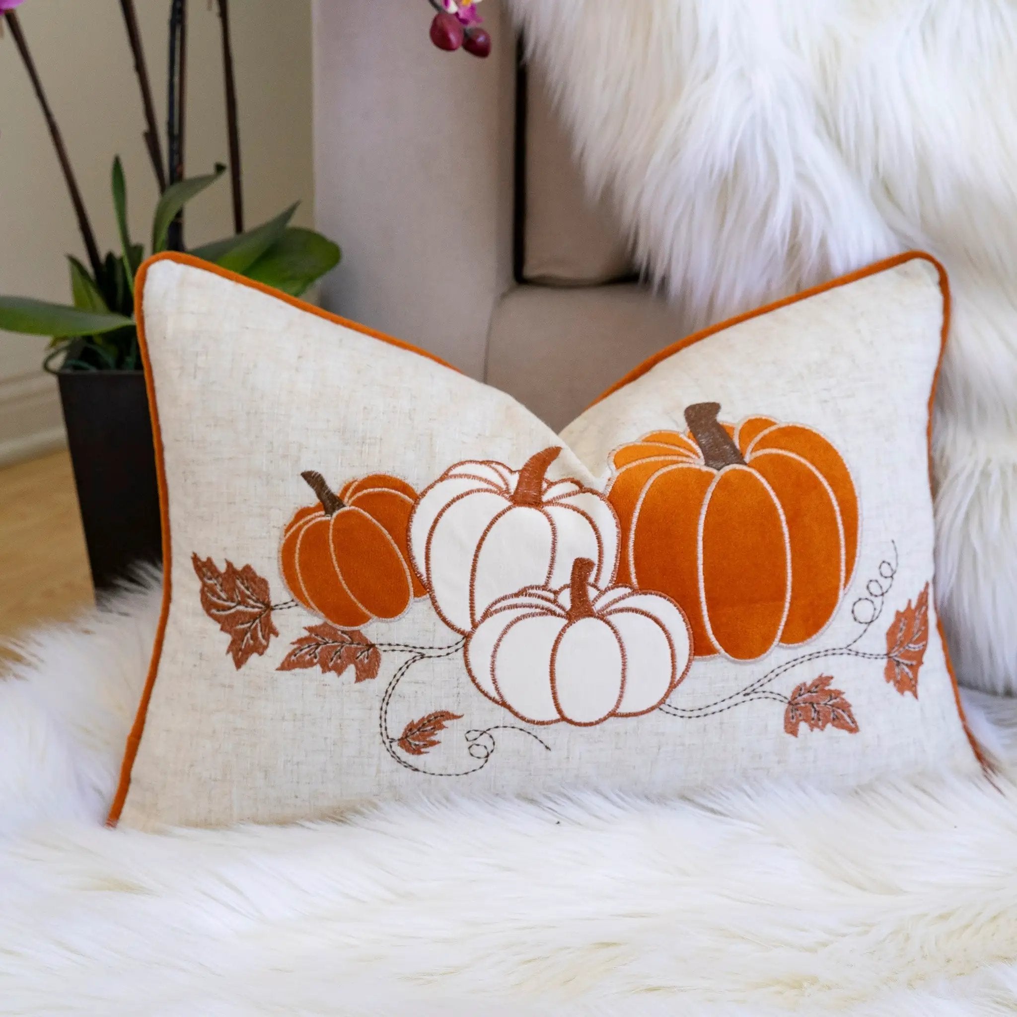 Embroidered Pumpkin Lumbar Throw Pillow – Fall Harvest Accent Cushion by HouseOfZazla