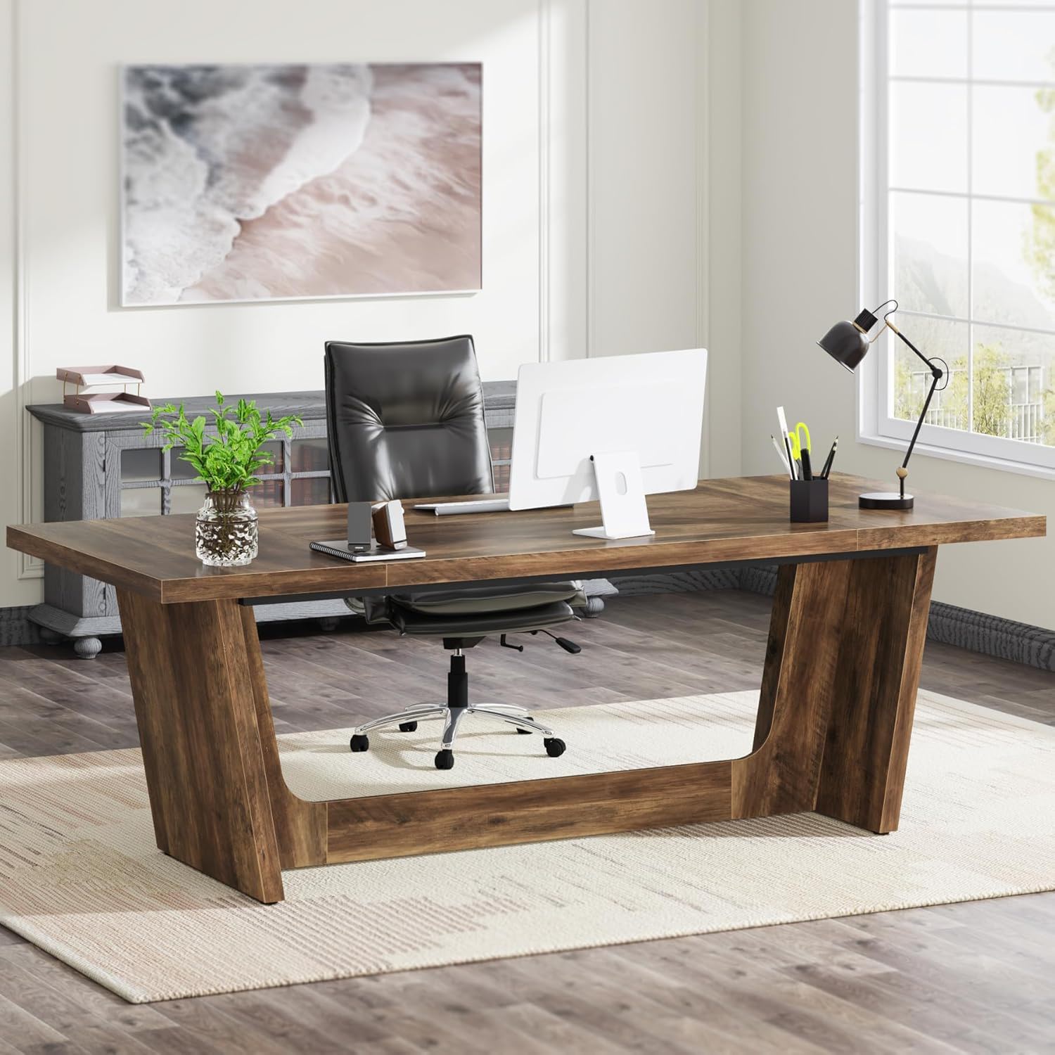 Executive Desk For Home Office, Computer Table With Pedestal, Large Writing Workstation - Brown by HouseOfZazla