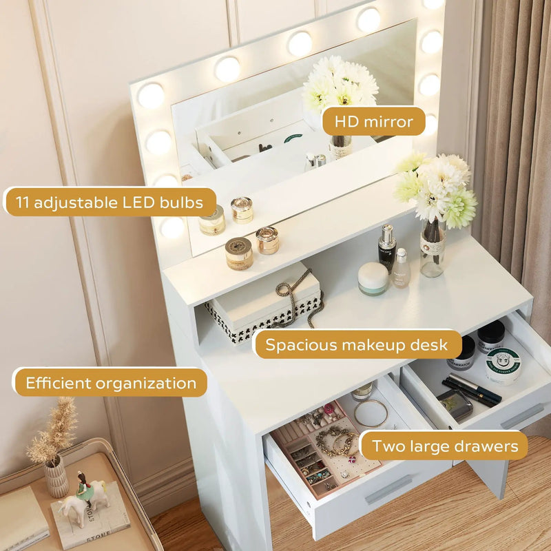 Vanity Desk With Mirror And Lights, Dressing Table With Large Drawer, 2 Level Storage Dresser & 3 Lighting Modes Adjustable Brightness, Suitable For Bedroom by Unique Piece Furniture
