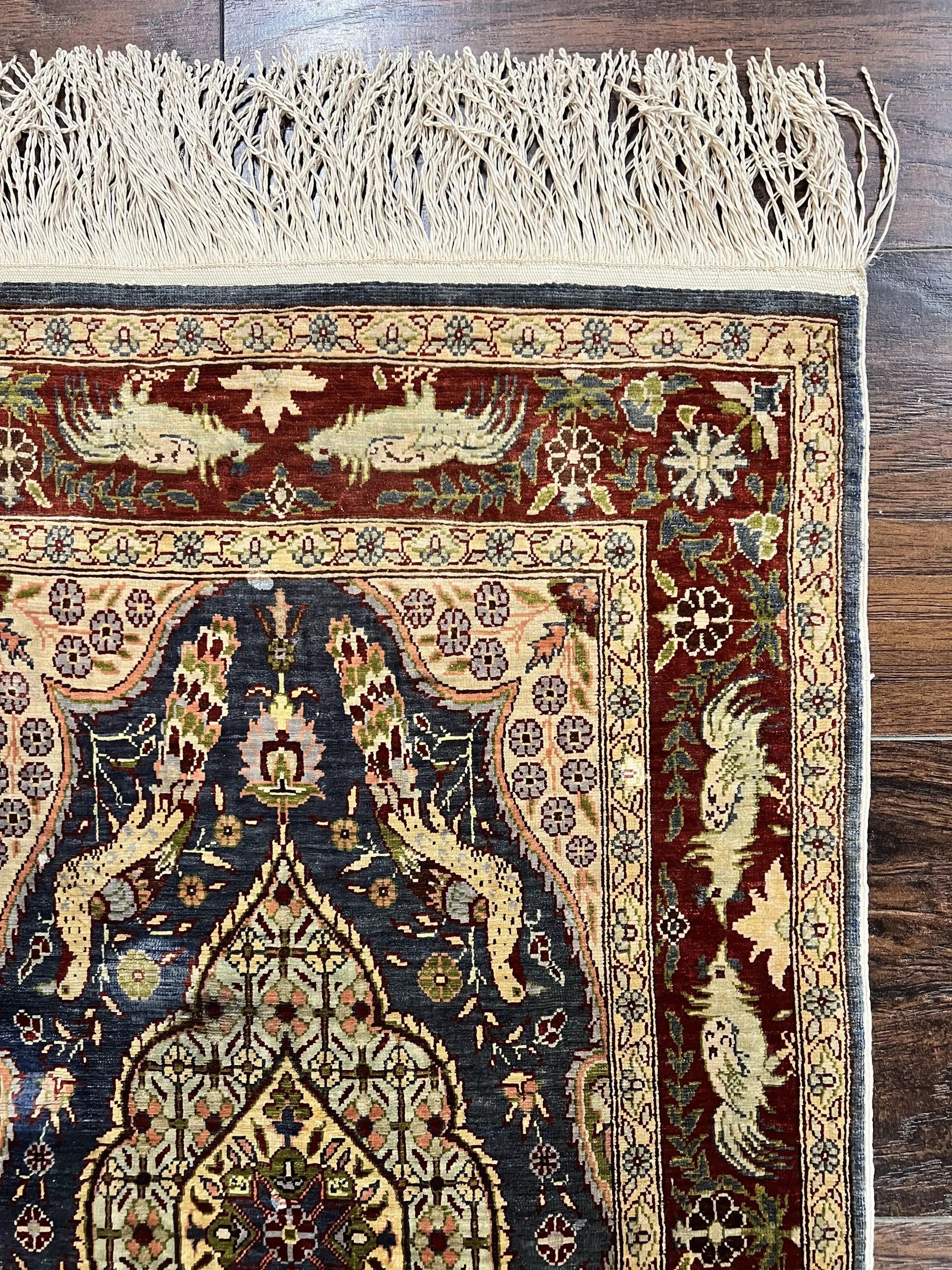 Silk Turkish Hereke Rug 2x3, Peacocks Birds, Signature from Master Weaver, Super Finely Hand Knotted 550 KPSI, Animal Pictorials by Jewel Rugs