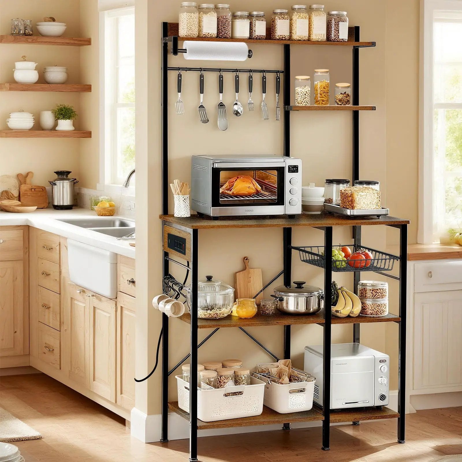 Bakers Rack With Power Outlet, Coffee Bar With S-Shaped Hooks, Kitchen Shelf With Wire Basket - Black / Brown by HouseOfZazla