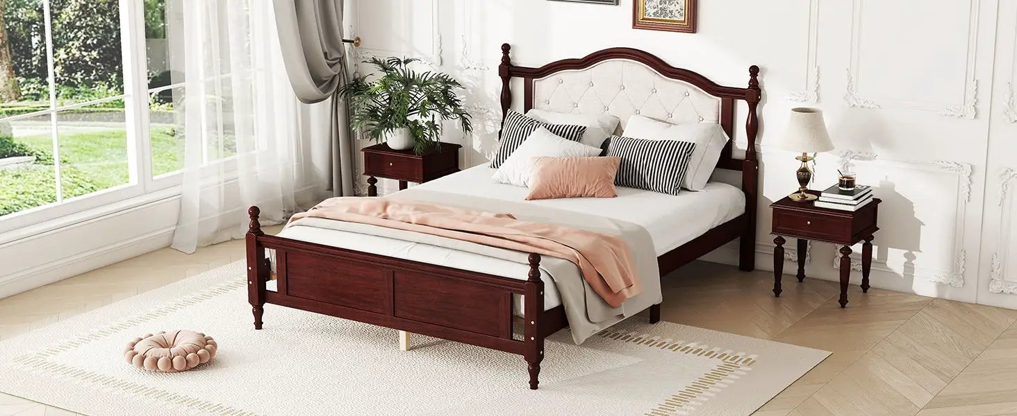Pine Wooden Bed With Upholstered Headboard And Panel Footboard, With Two Bed Rail Support Feet And Central Platform Support Feet by HouseOfZazla