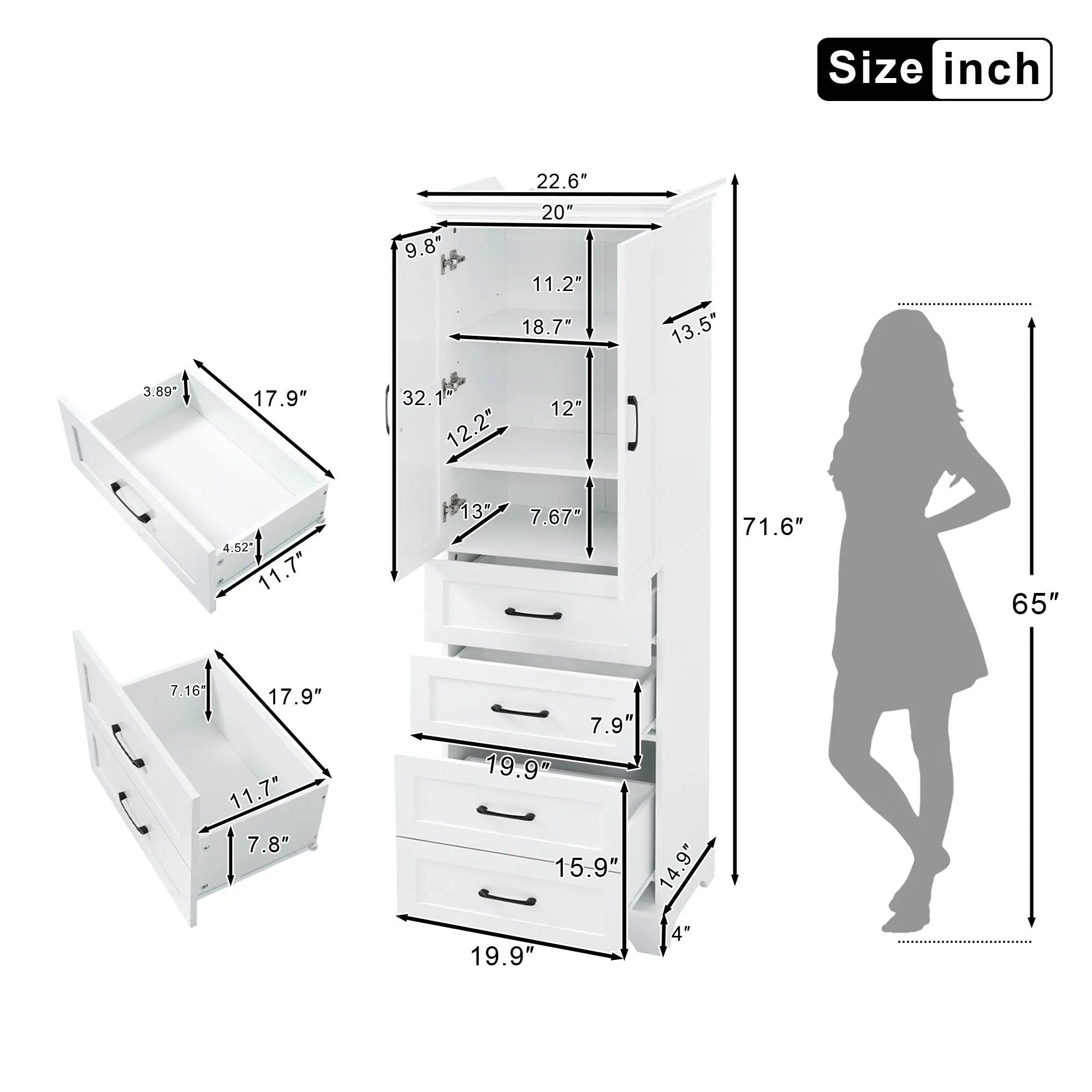 Bathroom Vanity With 2 Damping Hinge Doors, 3 Drawers, Adjustable Shelves - White by Unique Piece Furniture