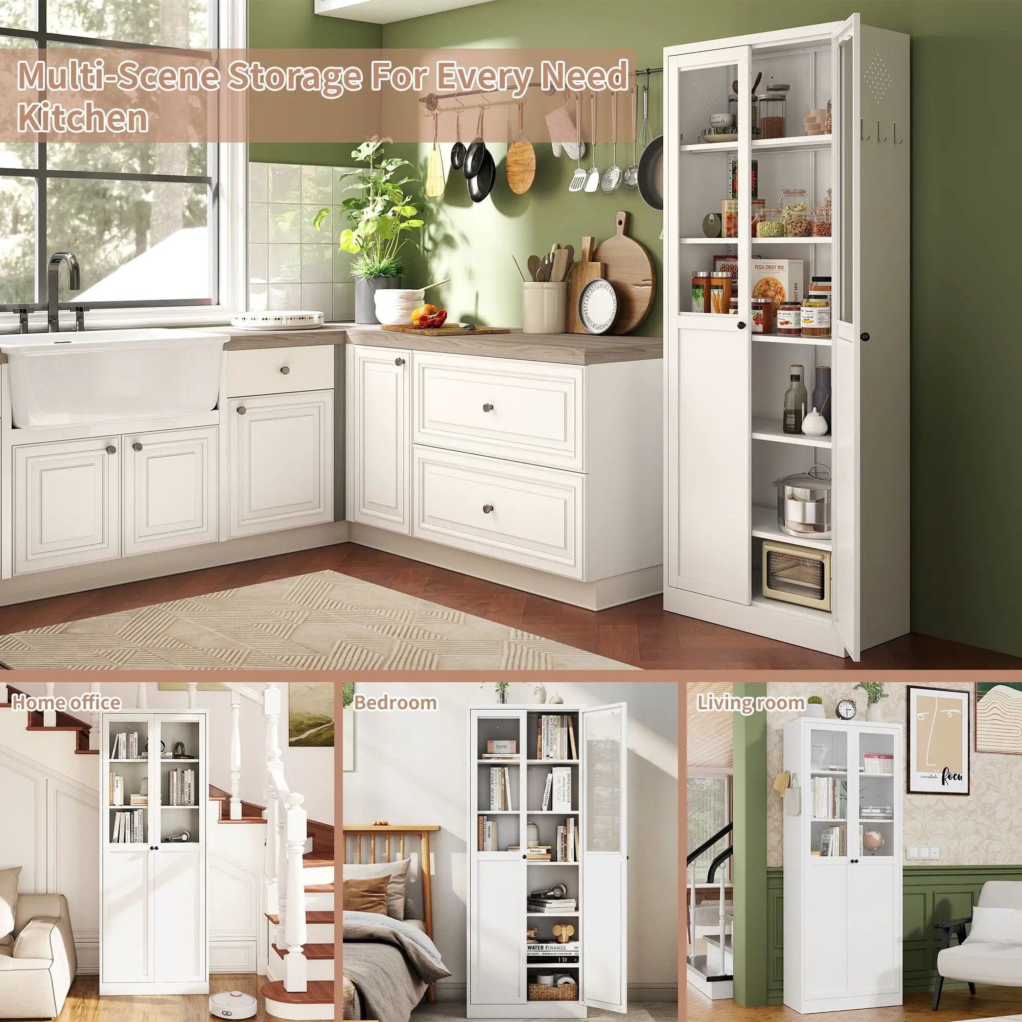 Tall Metal Kitchen Pantry Cabinet With Adjustable Shelves And Silent Magnetic Doors - White by HouseOfZazla