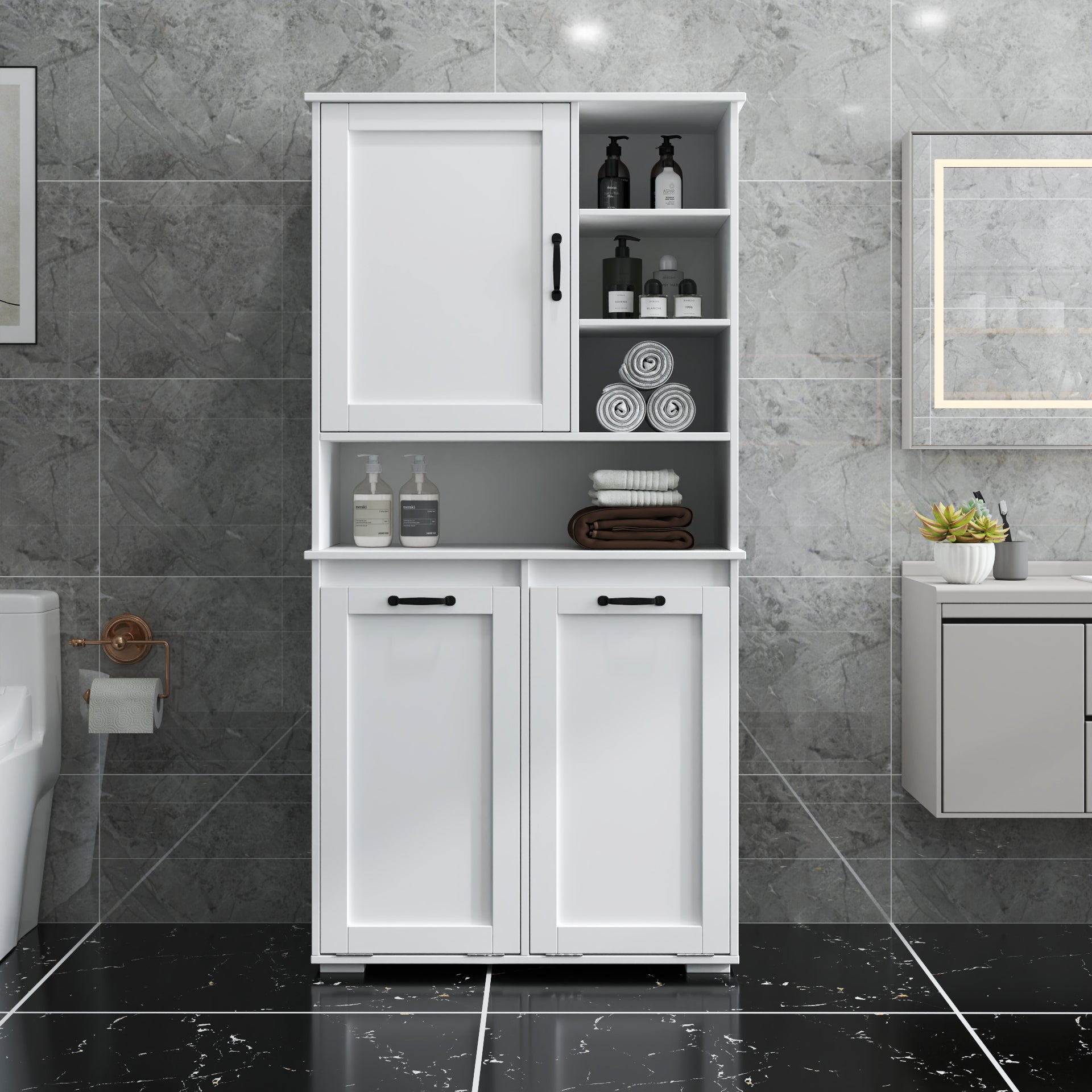 Laundry Cabinet with Doors and Shelf, Tilt-Out Laundry Hamper, Multiple Storage Space by HouseOfZazla