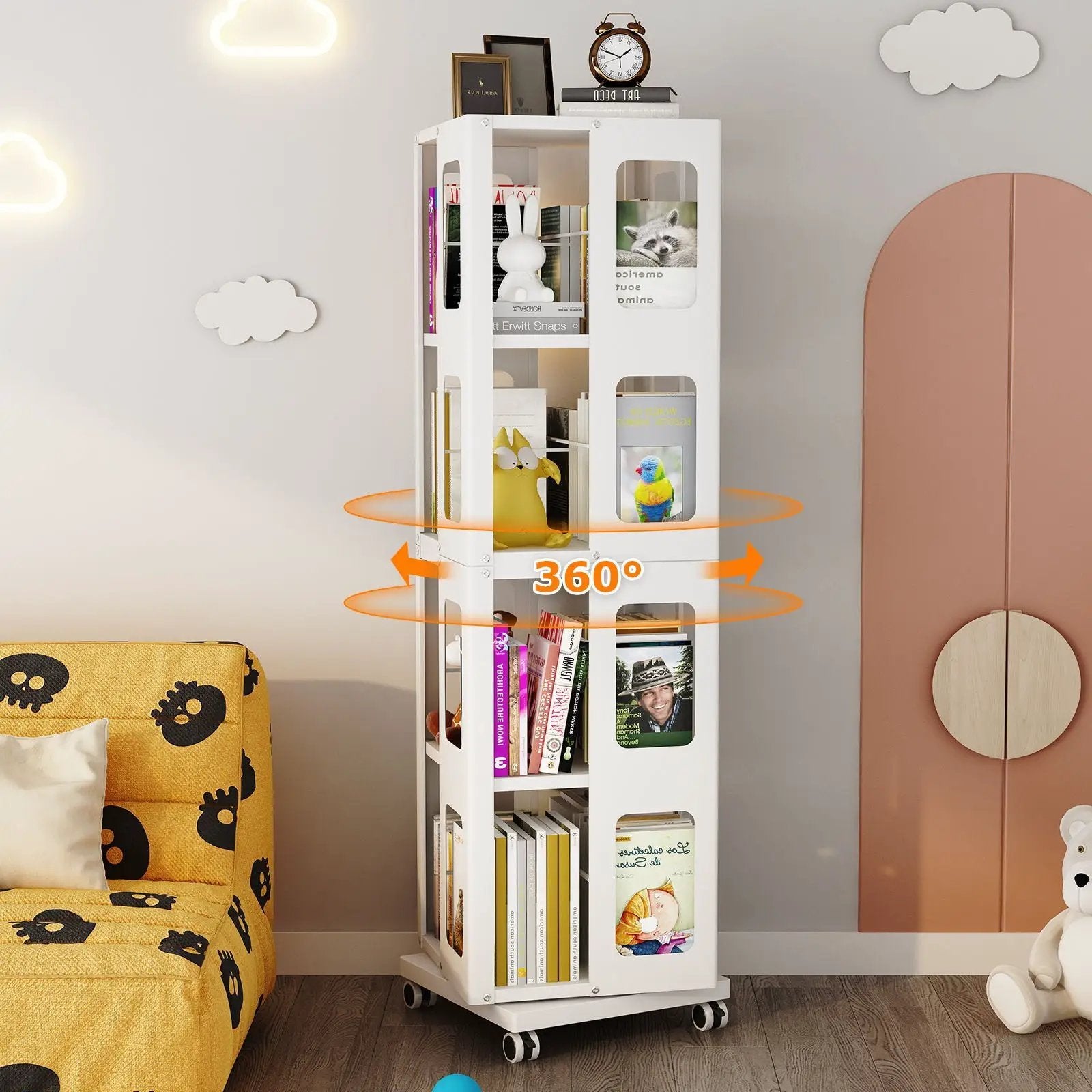 4 Tier All Steel Rotating Bookshelf With 360° Wheels, Large Size Sturdy & Spacious Book Rack, New Style Bookshelf - White by HouseOfZazla