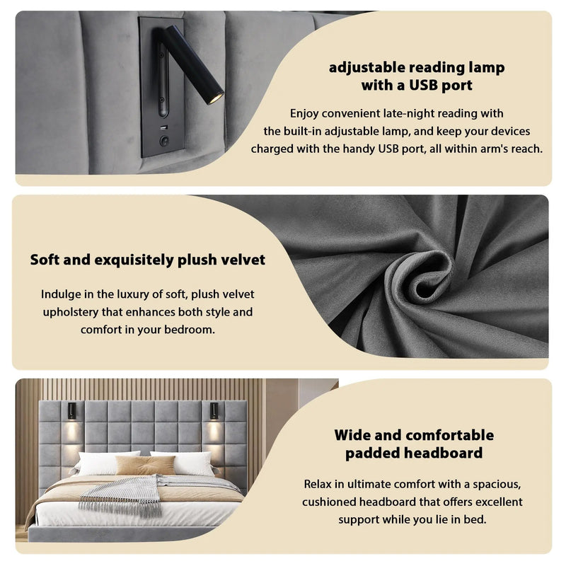 King Size Upholstered Bed Frame with Wall Sconce and USB Port by HouseOfZazla