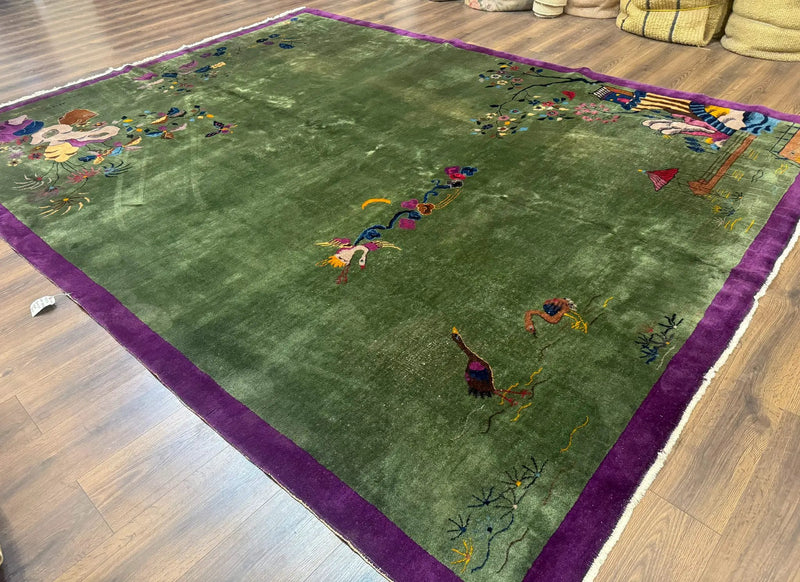 Antique Chinese Nichols Rug 9x12 - Rare Green and Purple Art Deco Carpet by Jewel Rugs