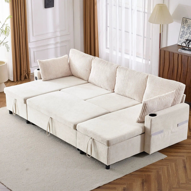 Sectional Sofa Bed With Pull Out Sleeper, USB Ports, Cup Holders by HouseOfZazla