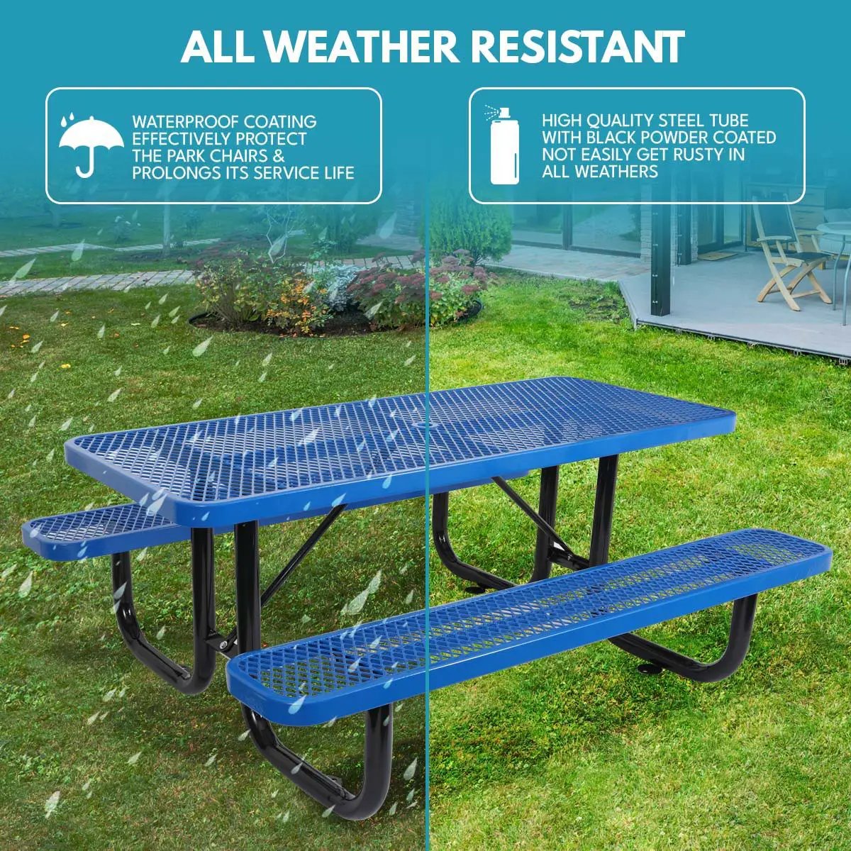 Outdoor Steel Picnic Rectangular Table With Umbrella Pole by Unique Piece Furniture