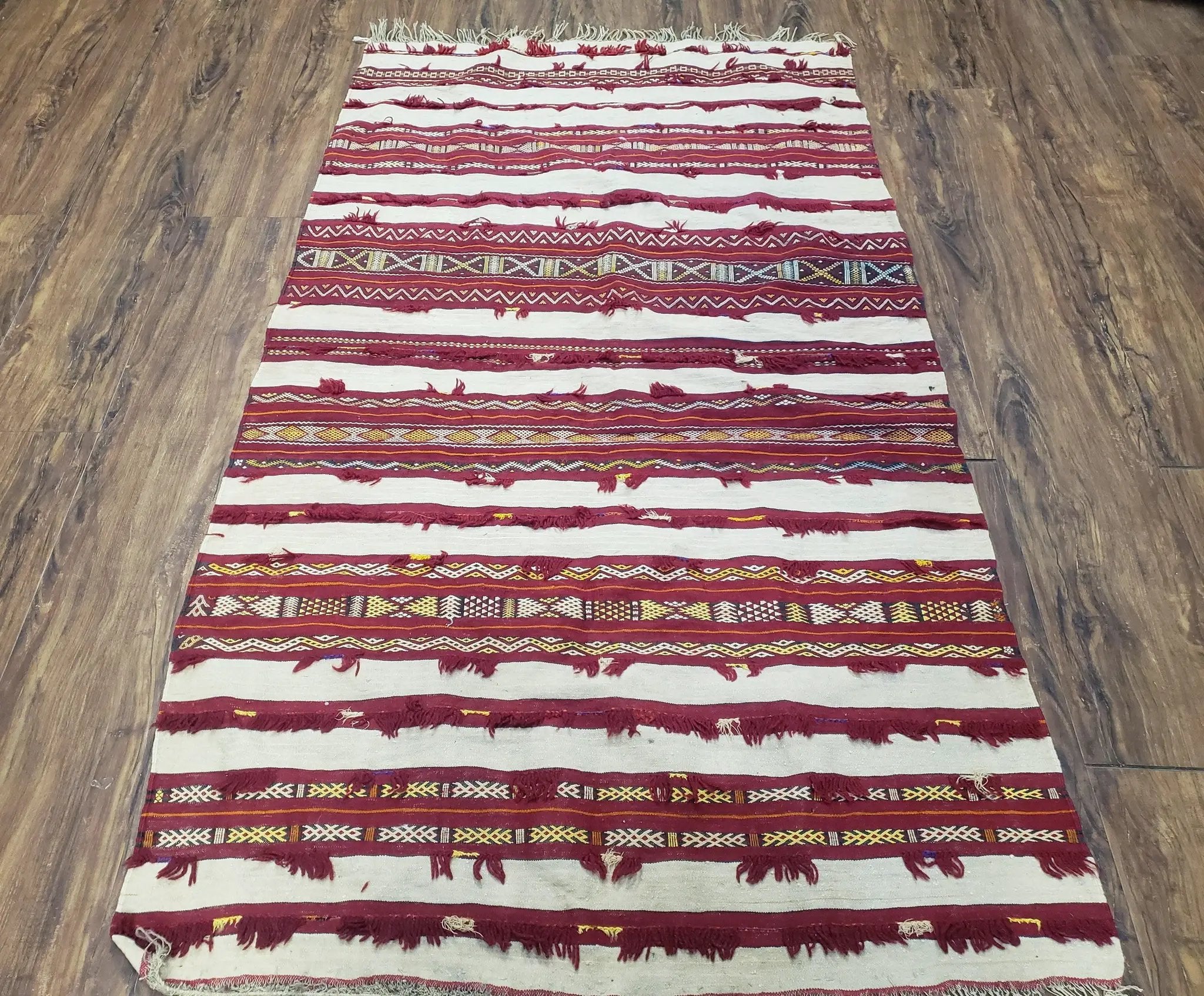 Antique Turkoman Yamud Rug 3x5 ft, 1920s Turkmen Sofreh Table Cover, Bohemian Rug, Tribal Collectible, Striped Rug, Handmade Ivory and Red by Jewel Rugs