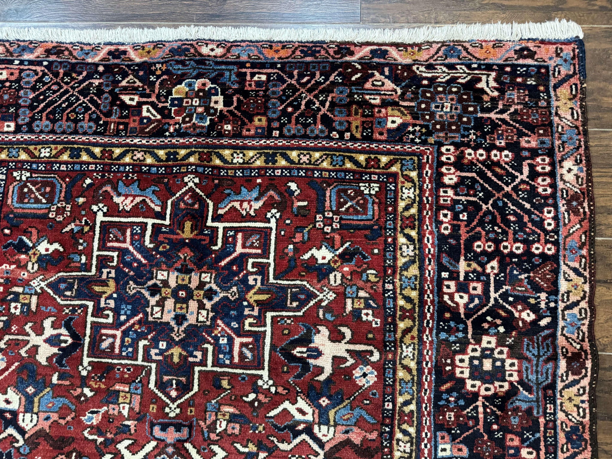 Persian Karajeh Rug 5x6, Antique Heriz Carpet, Geometric, Persian Tribal Rug, Brick Red Navy Blue by Jewel Rugs