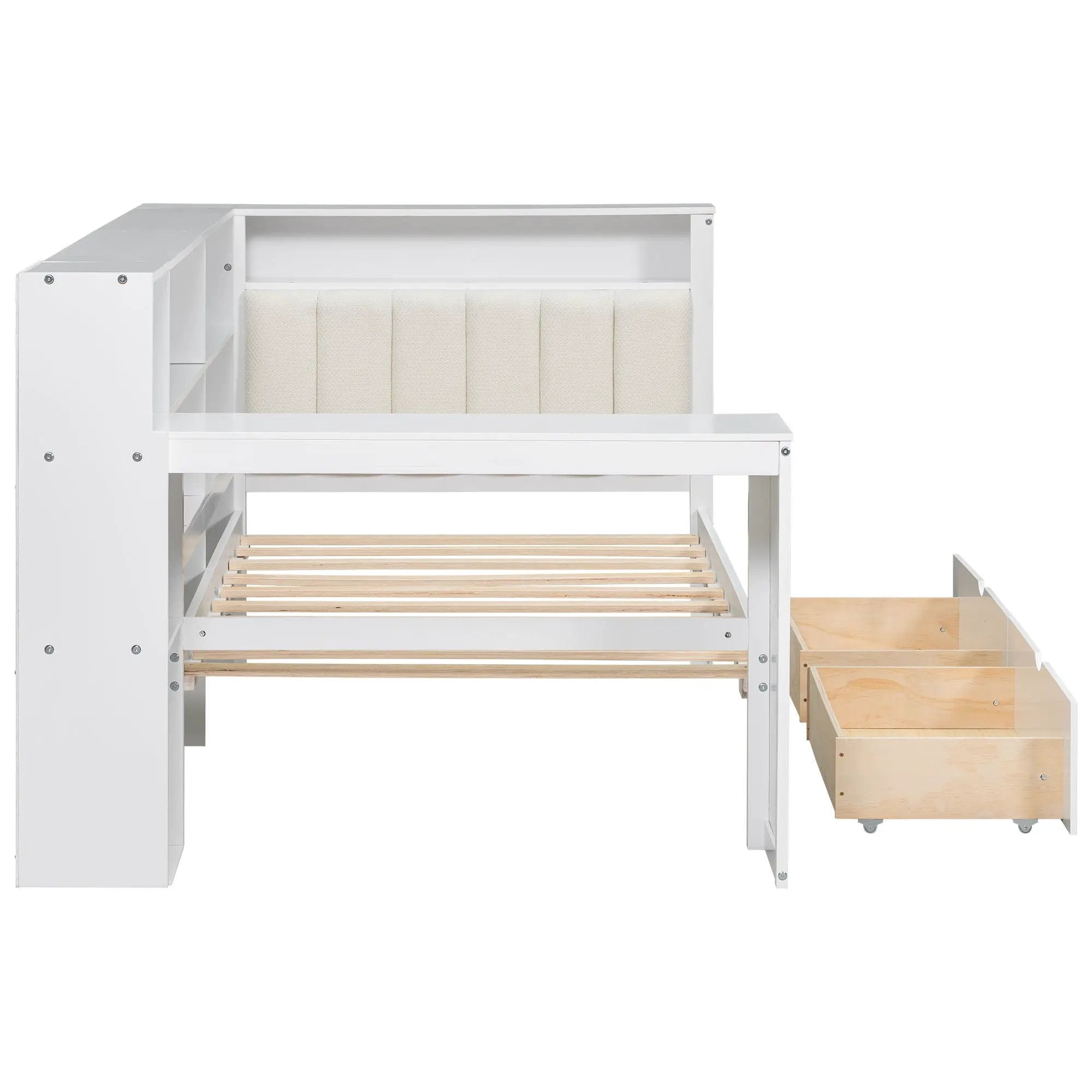 Platform Bed With Upholstered Headboard, Storage Shelves, Drawers, Charging Station, LED Lighting, Built In Desk by HouseOfZazla