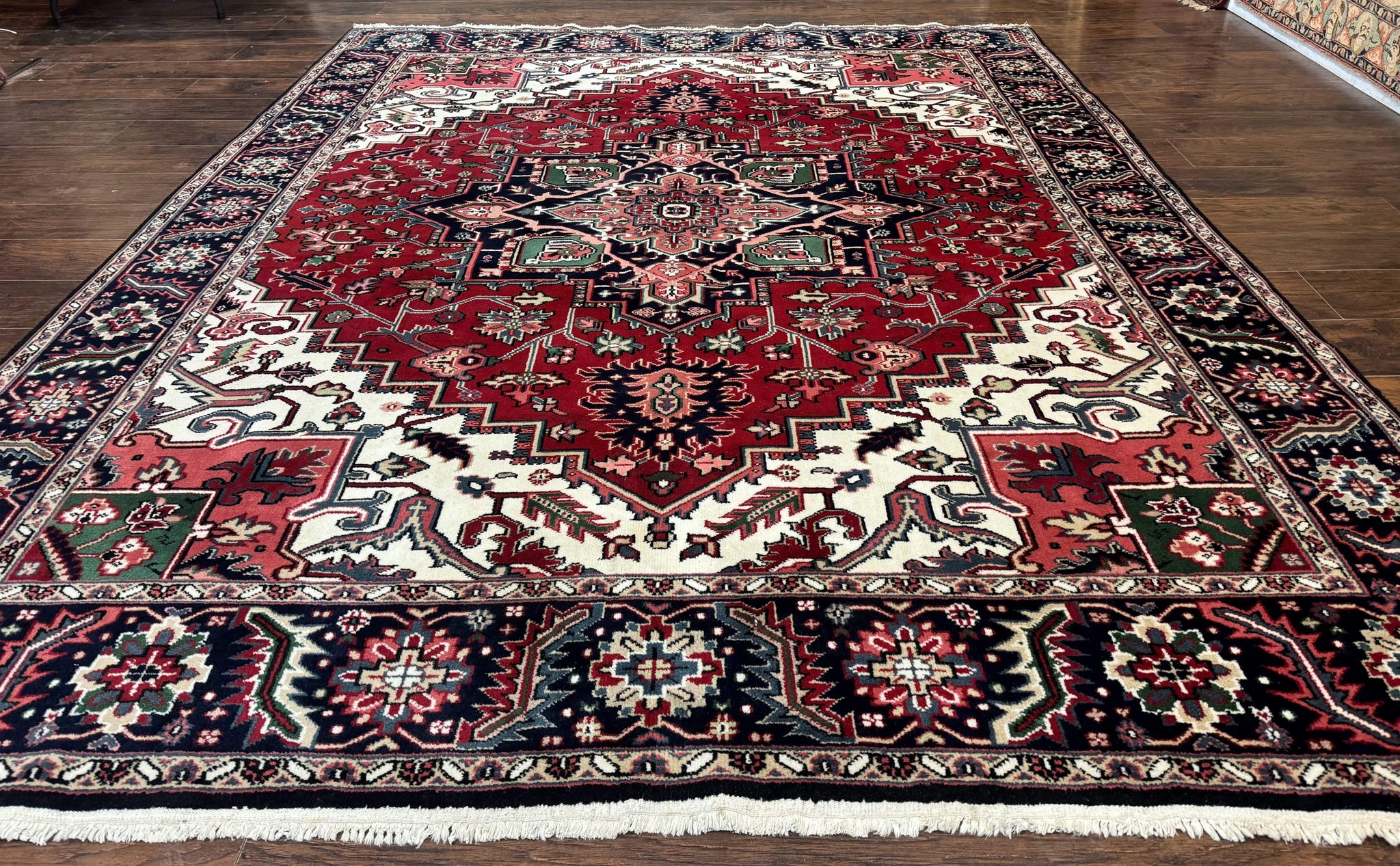 Indo Persian Heriz Rug 8x10, Geometric Medallion, Brick Red Ivory Navy Blue, Room Sized Heriz Carpet, Wool Rug by Jewel Rugs