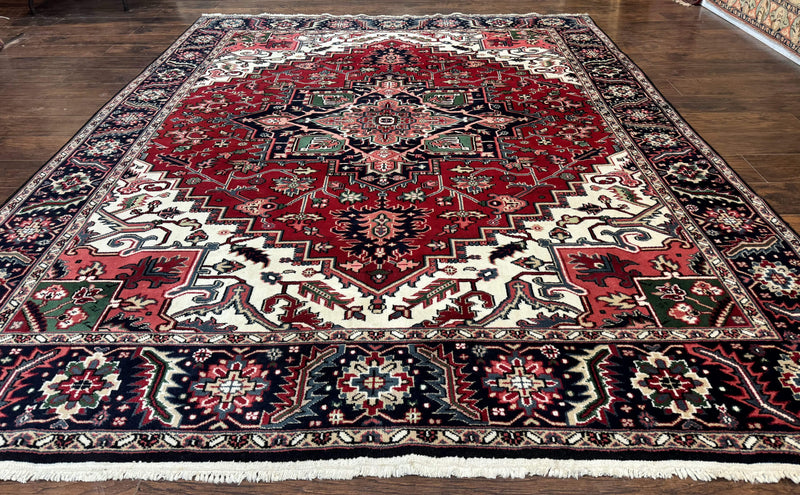 Indo Persian Heriz Rug 8x10, Geometric Medallion, Brick Red Ivory Navy Blue, Room Sized Heriz Carpet, Wool Rug by Jewel Rugs