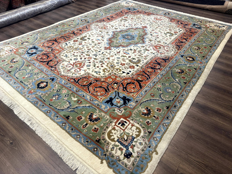 Indo Persian Rug 9x12, Ivory Red Green, Traditional Oriental Carpet by Jewel Rugs