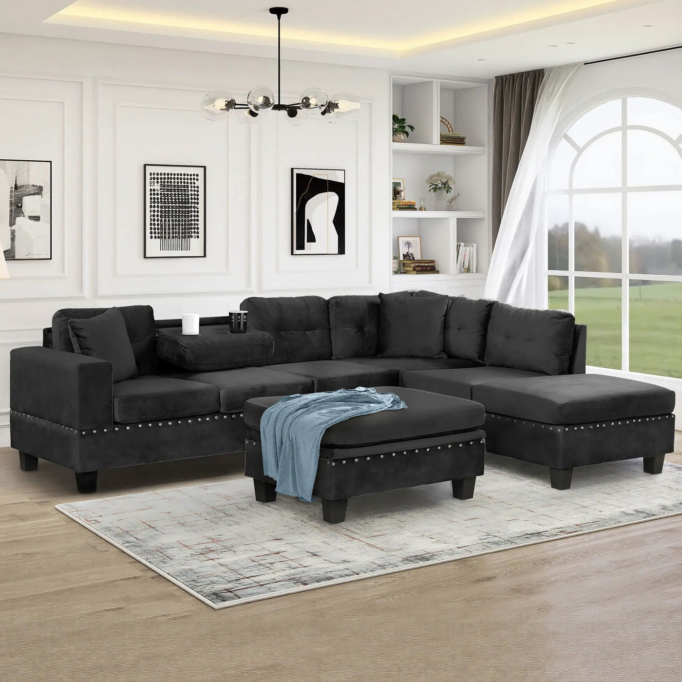 Modern Sectional Sofa With Storage Ottoman, L - Shape Couch With 2 Pillows And Cup Holders by Unique Piece Furniture