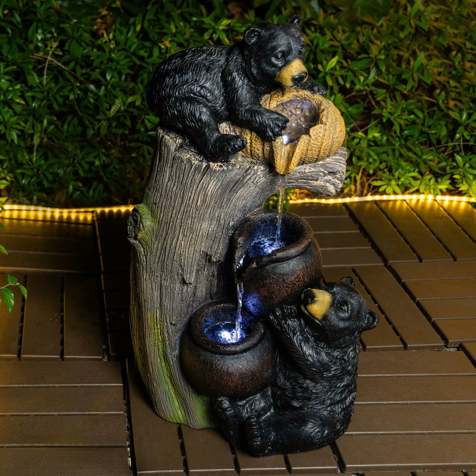 Bear Tree Stump Outdoor Water Fountain With LED Lights - Brown Gray by Unique Piece Furniture