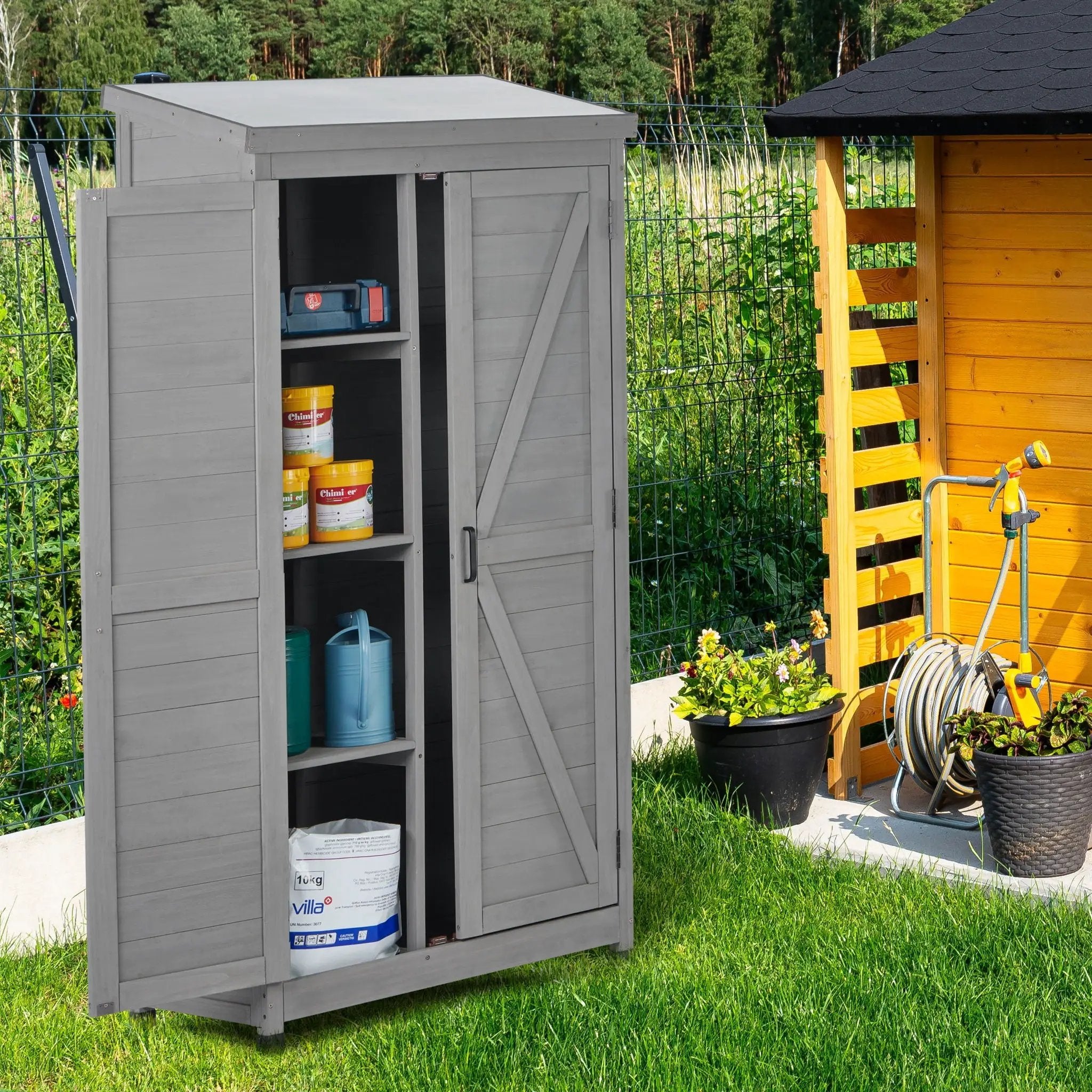 Wood Outdoor Storage Cabinet With Metal Top Garden Shed For Yard And Patio - Gray by HouseOfZazla