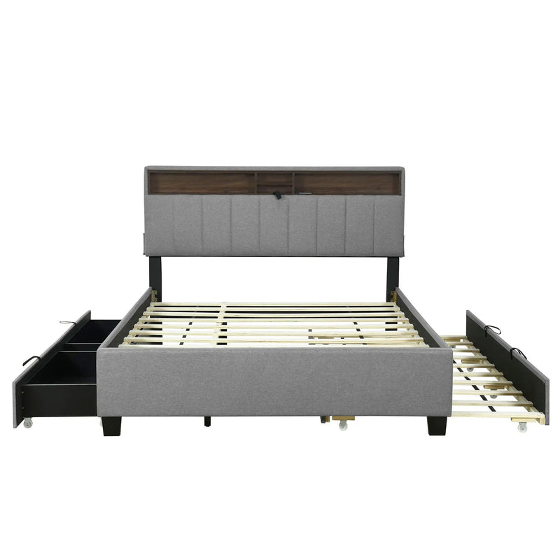 Upholstered Platform Bed With Storage Headboard, Trundle & 2 Drawers And A Set Of Sockets & USB Ports by HouseOfZazla