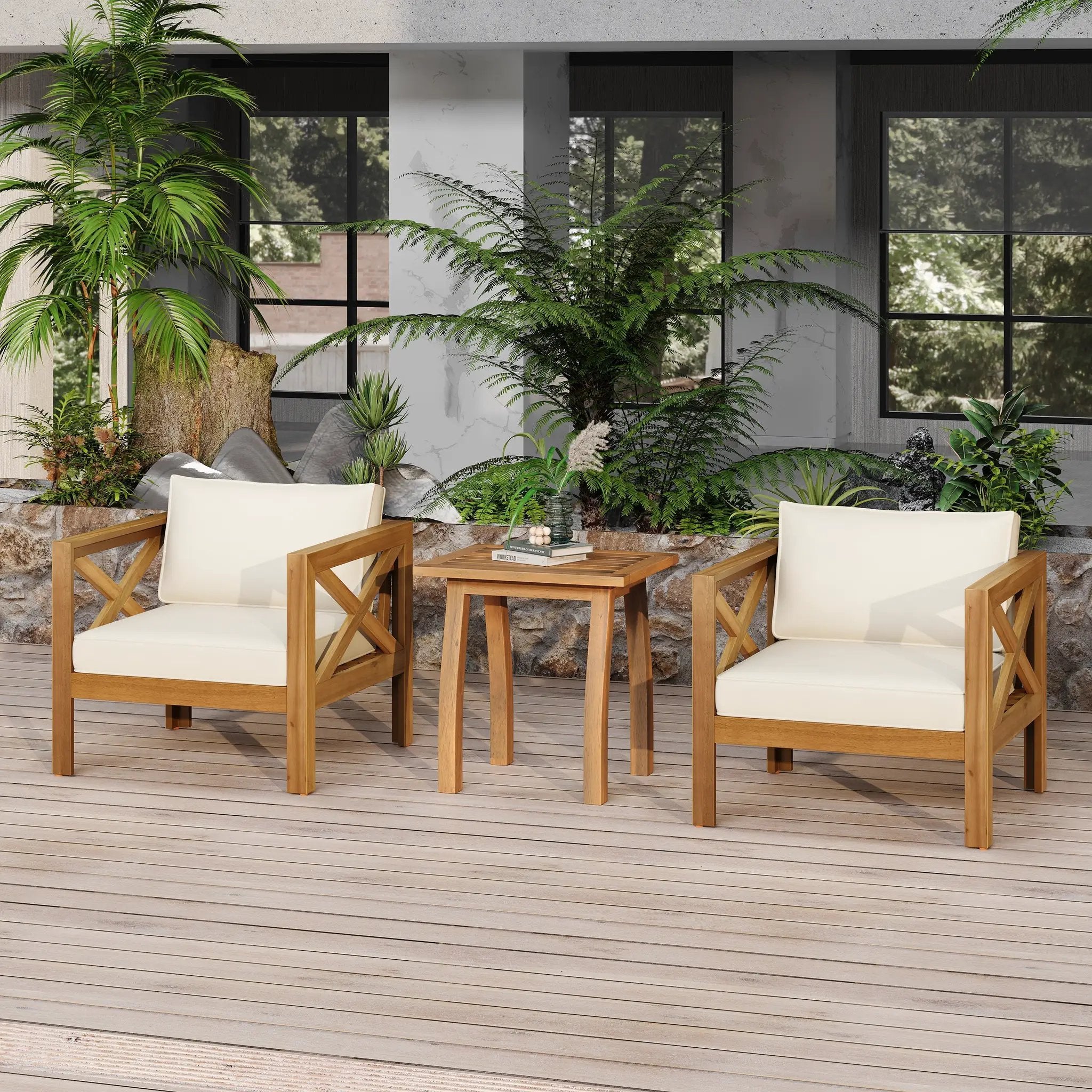 Patio Conversation Set with Acacia Wood Armchairs and End Table by HouseOfZazla