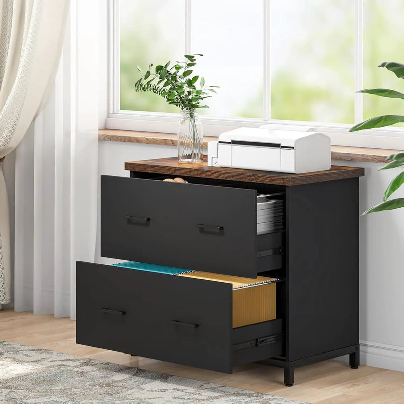 2 Drawer Lateral File Cabinet, A4 / Letter Size, Heavy Duty Storage For Home Office - Brown / Black by HouseOfZazla