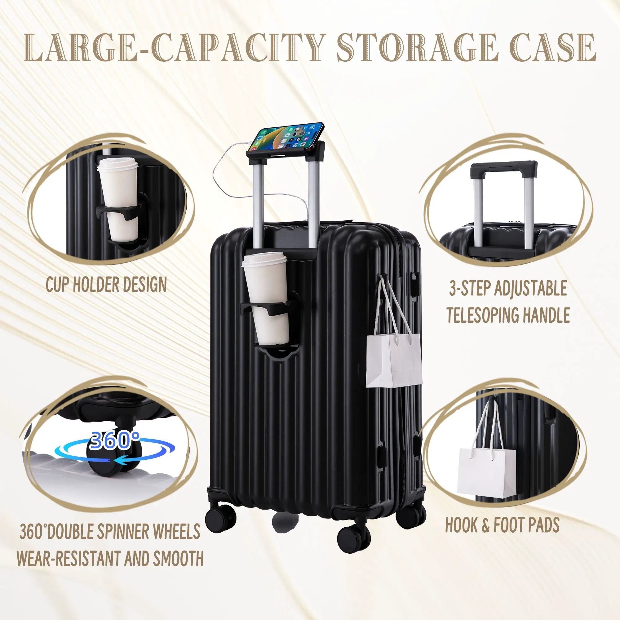 20" / 24" / 28" 3 Pieces / Set Spinner Wheel Luggage, Carry On Suitcase, With Cup Holder & USB Port & Phone Holder by HouseOfZazla