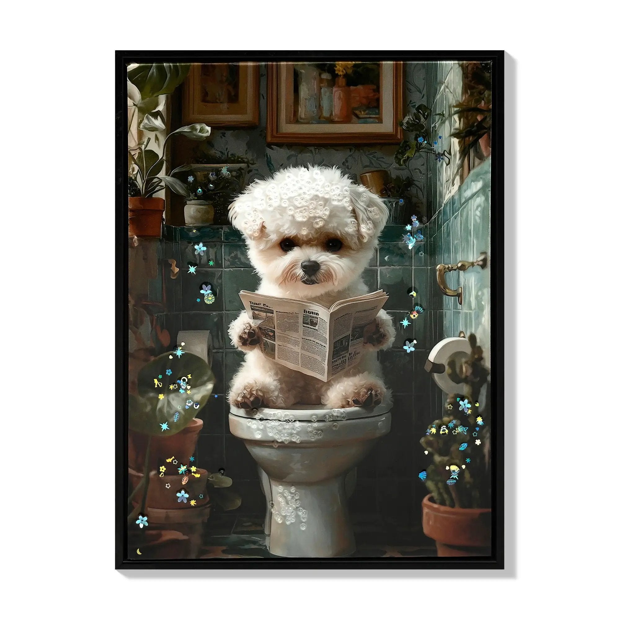 Framed Bathroom Decor, Cute Puppy Wall Art In Picture Frame, 3D Canvas Print - Indigo / White by Unique Piece Furniture
