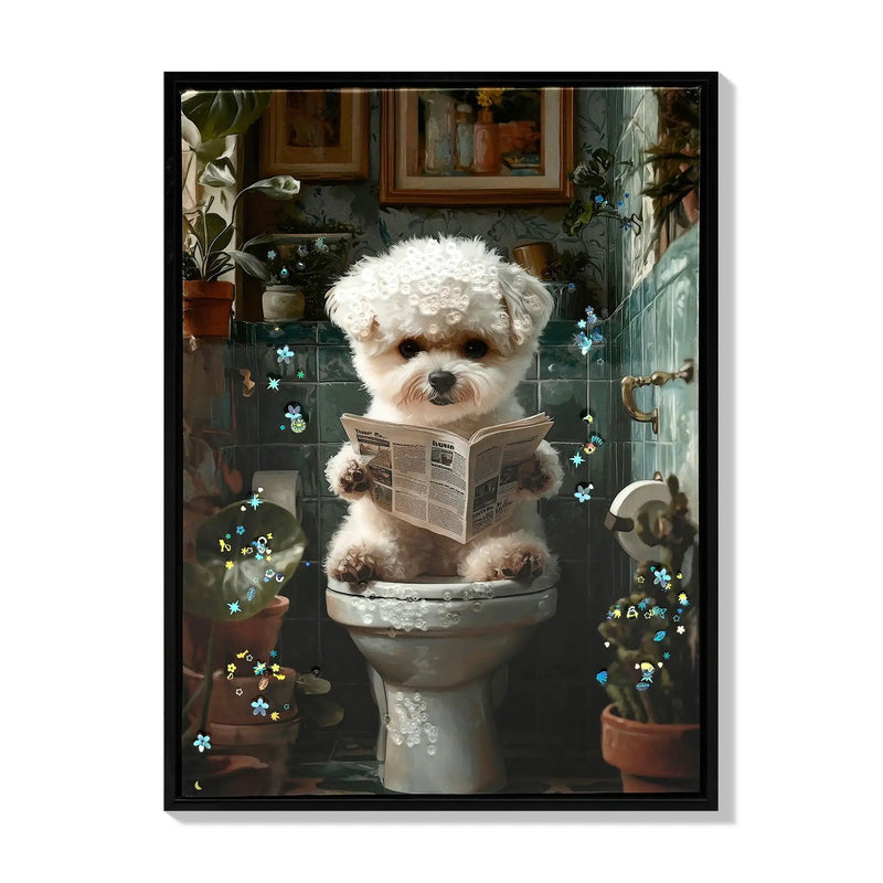 Framed Bathroom Decor, Cute Puppy Wall Art In Picture Frame, 3D Canvas Print - Indigo / White by Unique Piece Furniture