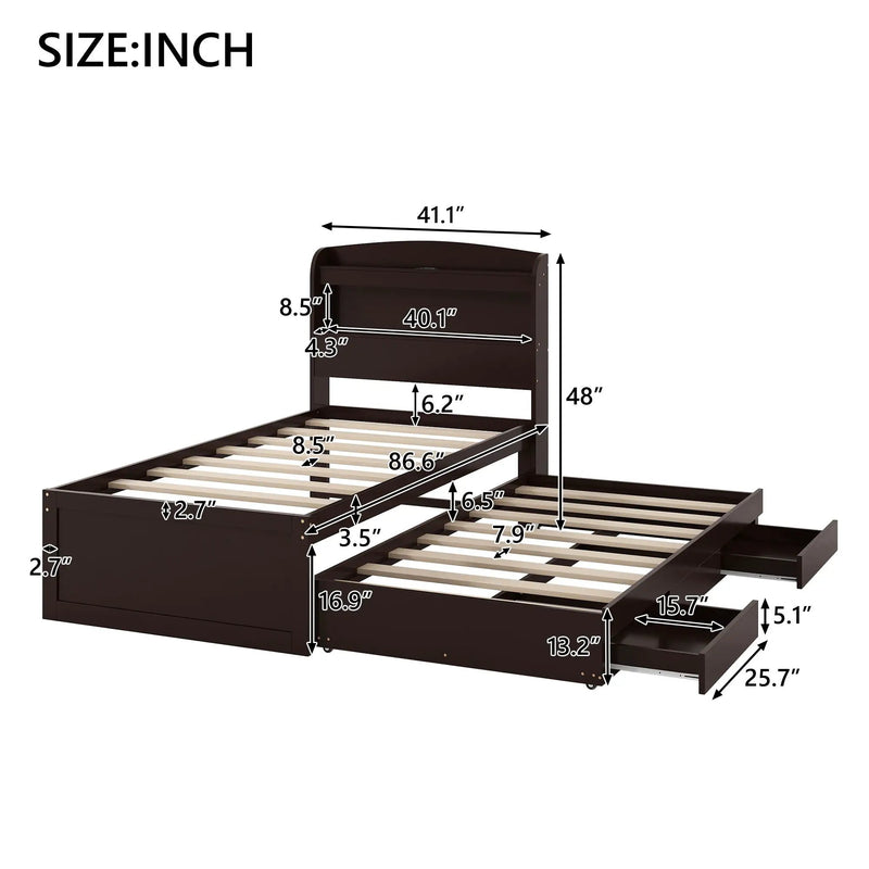Platform Bed With LED Headboard, Charging Station, Trundle And 2 Drawers