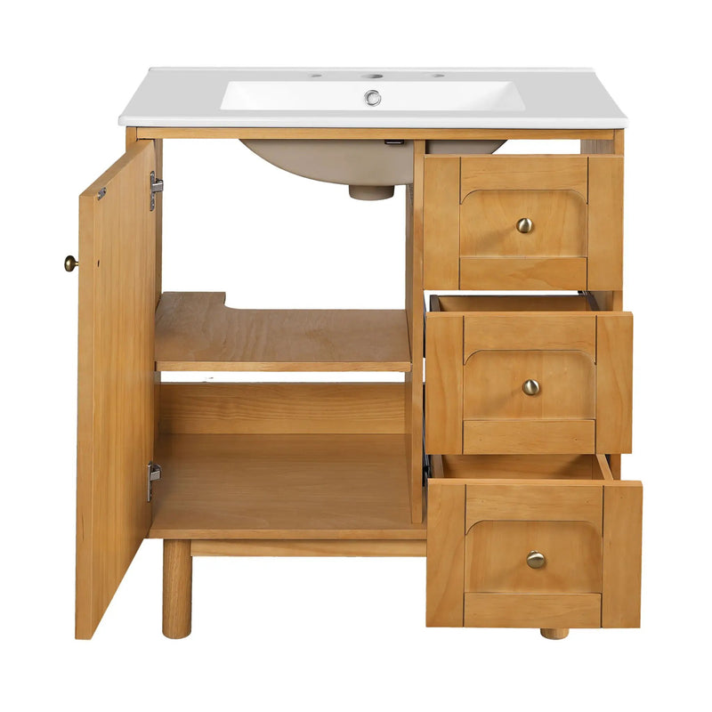 Bathroom Vanity With Sink, 3 Drawers, Soft Close Door - Natural Wood by HouseOfZazla