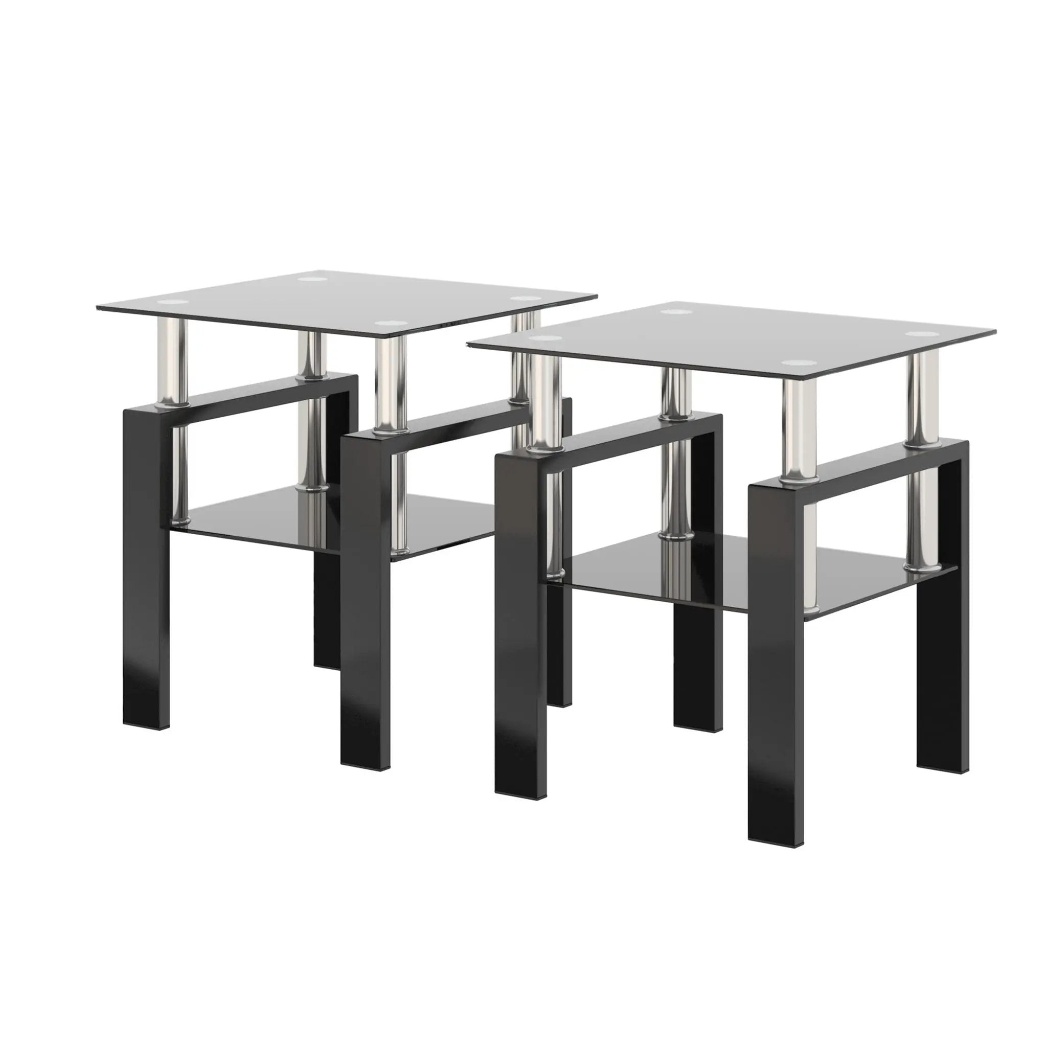 Modern Tempered Glass Tea Table, End Square Table For Living Room (Set of 2) - Black by Unique Piece Furniture