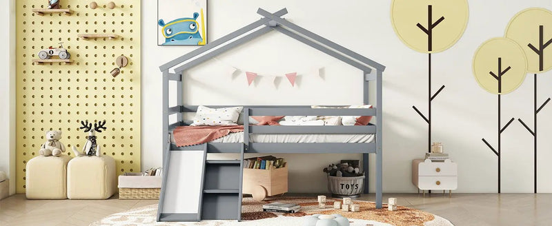 Low Loft House Bed With Slide, Ladder, Safety Guardrails, House Roof Frame by HouseOfZazla