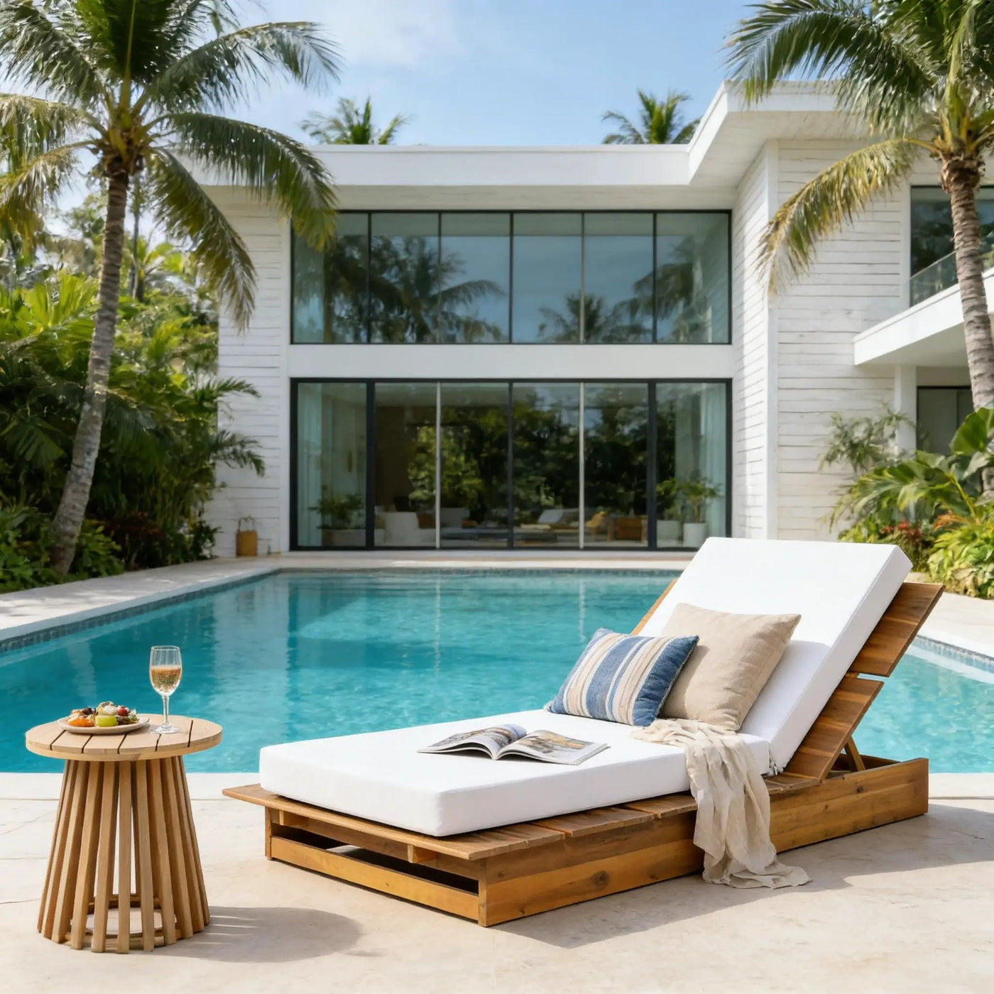 Acacia Wood Chaise Lounge with Movable Cushions by HouseOfZazla