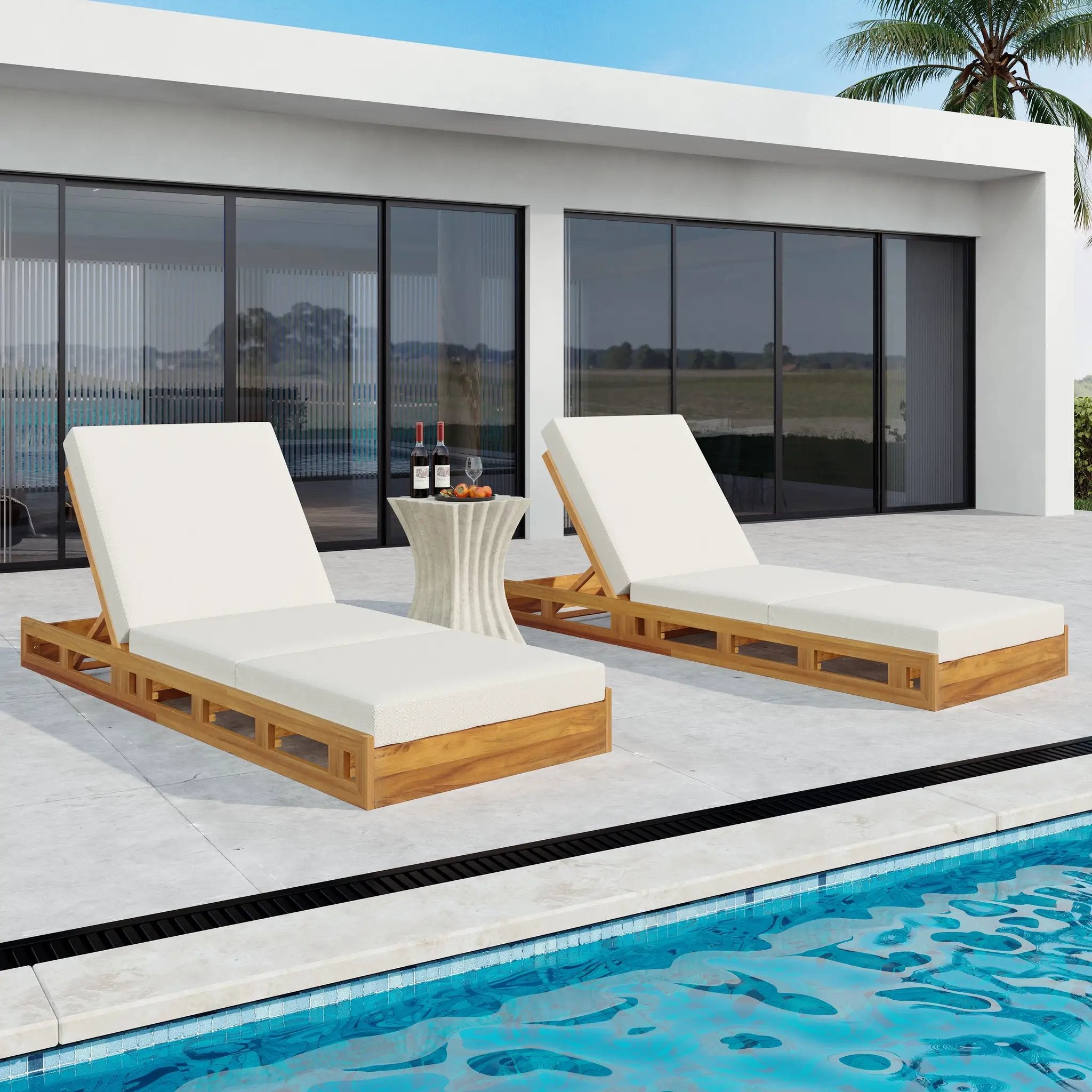 Lounge Chaise Set, Acacia Solid Wood with Lounge Cushion (Cream & Triple Fold) - Matching Dark by HouseOfZazla