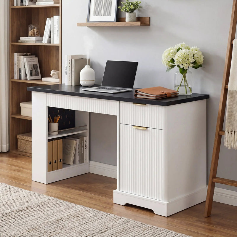 55" Modern Fluted Office Desk with Storage Cabinet & Drawers by HouseOfZazla