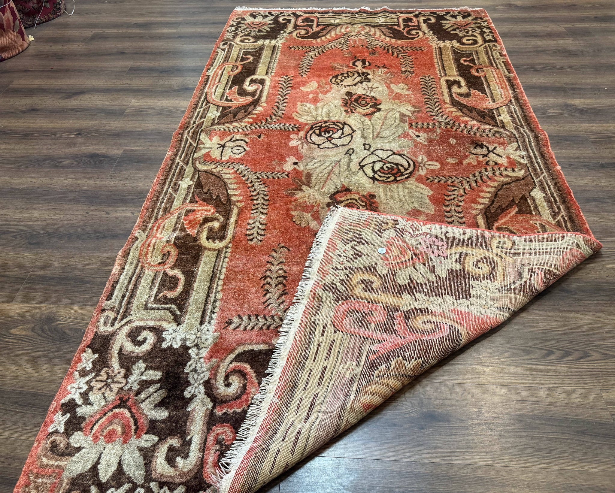 Khotan Rug 5x9, Terracotta and Brown, Floral, Chinese Wool Carpet, Antique Rug by Jewel Rugs